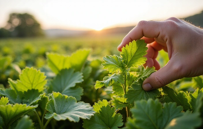 A vibrant field of organic herbs under a clear sky, with a close-up of a hand inspecting a plant, emphasizing sustainable sourcing.