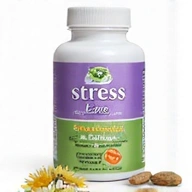 A bottle of 'Stress Ease' herbal capsules with a calming lavender and green label, showing illustrated chamomile flowers and adaptogenic roots.