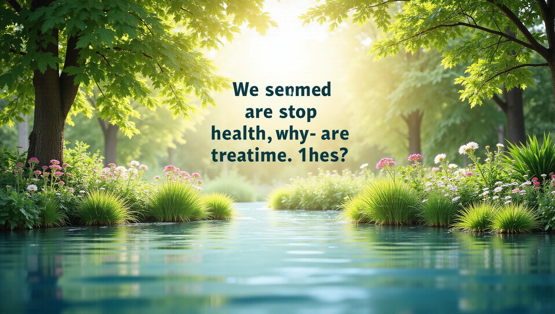 A vibrant and serene natural landscape with lush green plants, blooming flowers, clear water, and soft sunlight, symbolizing health and vitality. No text, letters, or inscriptions.