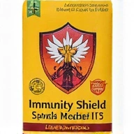 A package of 'Immunity Shield' capsules with a bright yellow and orange label, depicting a stylized shield and elderberry illustrations.